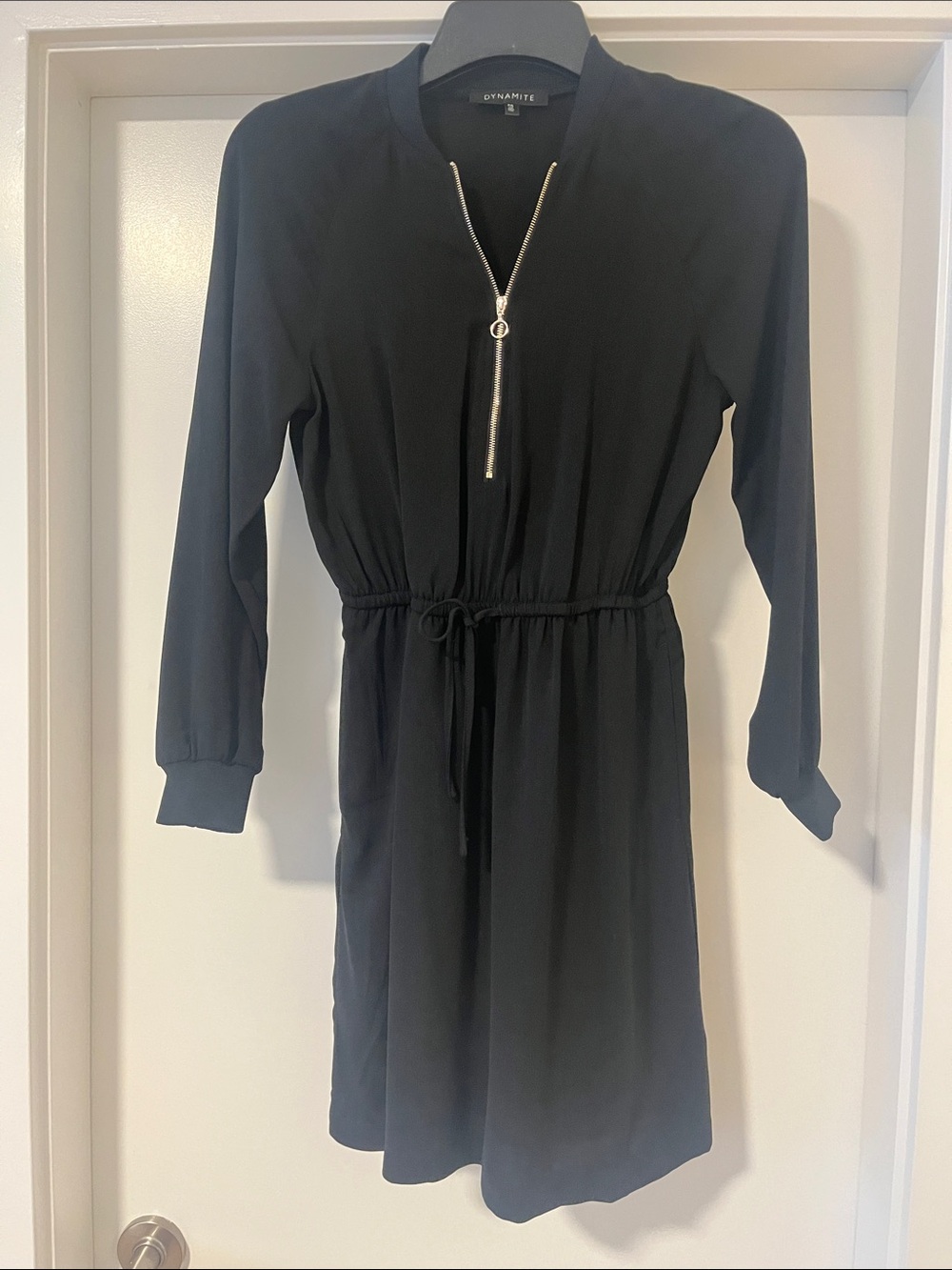 Dynamite Black Long-Sleeve Zip Front Drawstring Waist Dress
